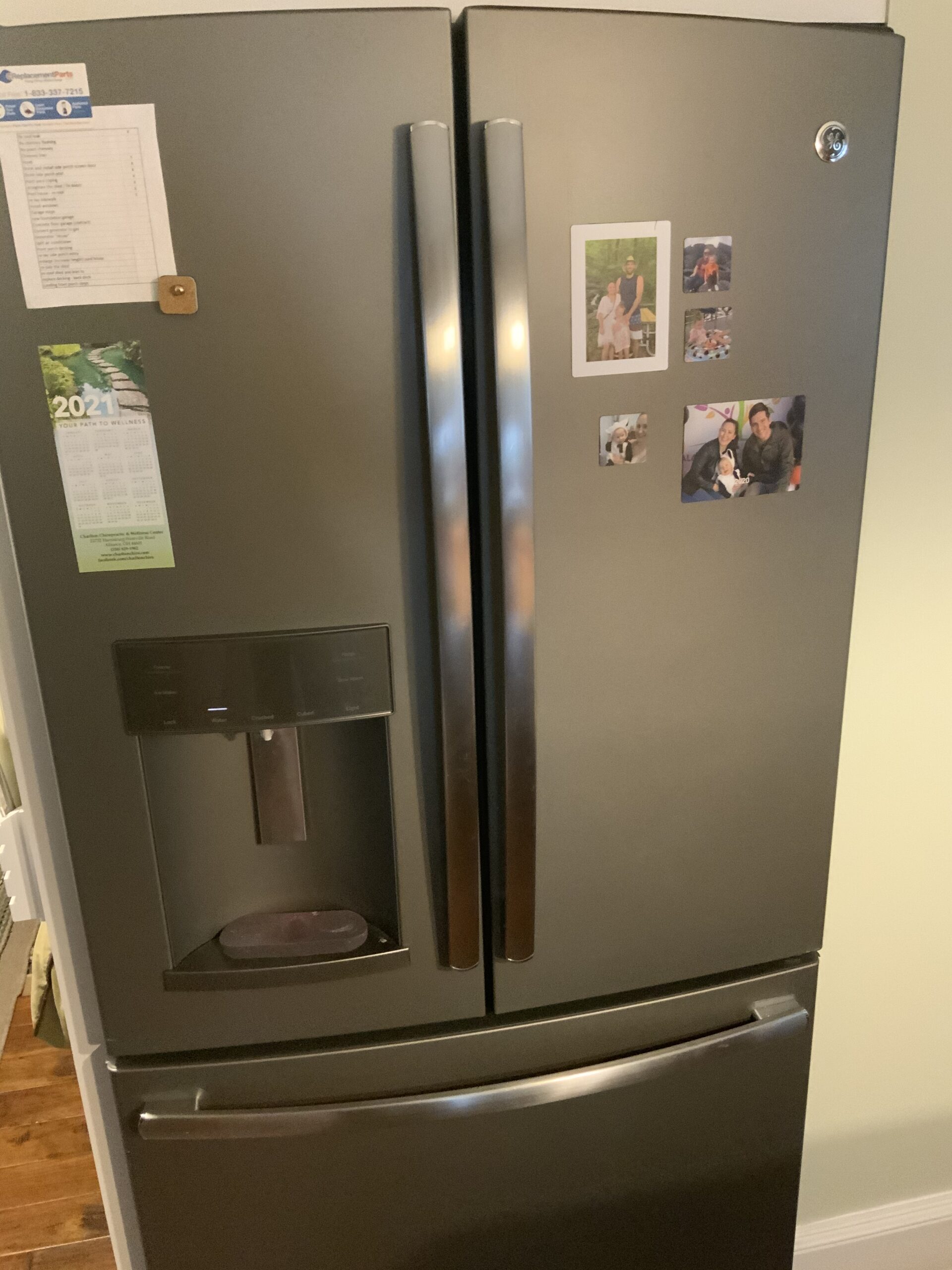 GE French door refrigerator model GFE28HMHDES undergoing a fan replacement.