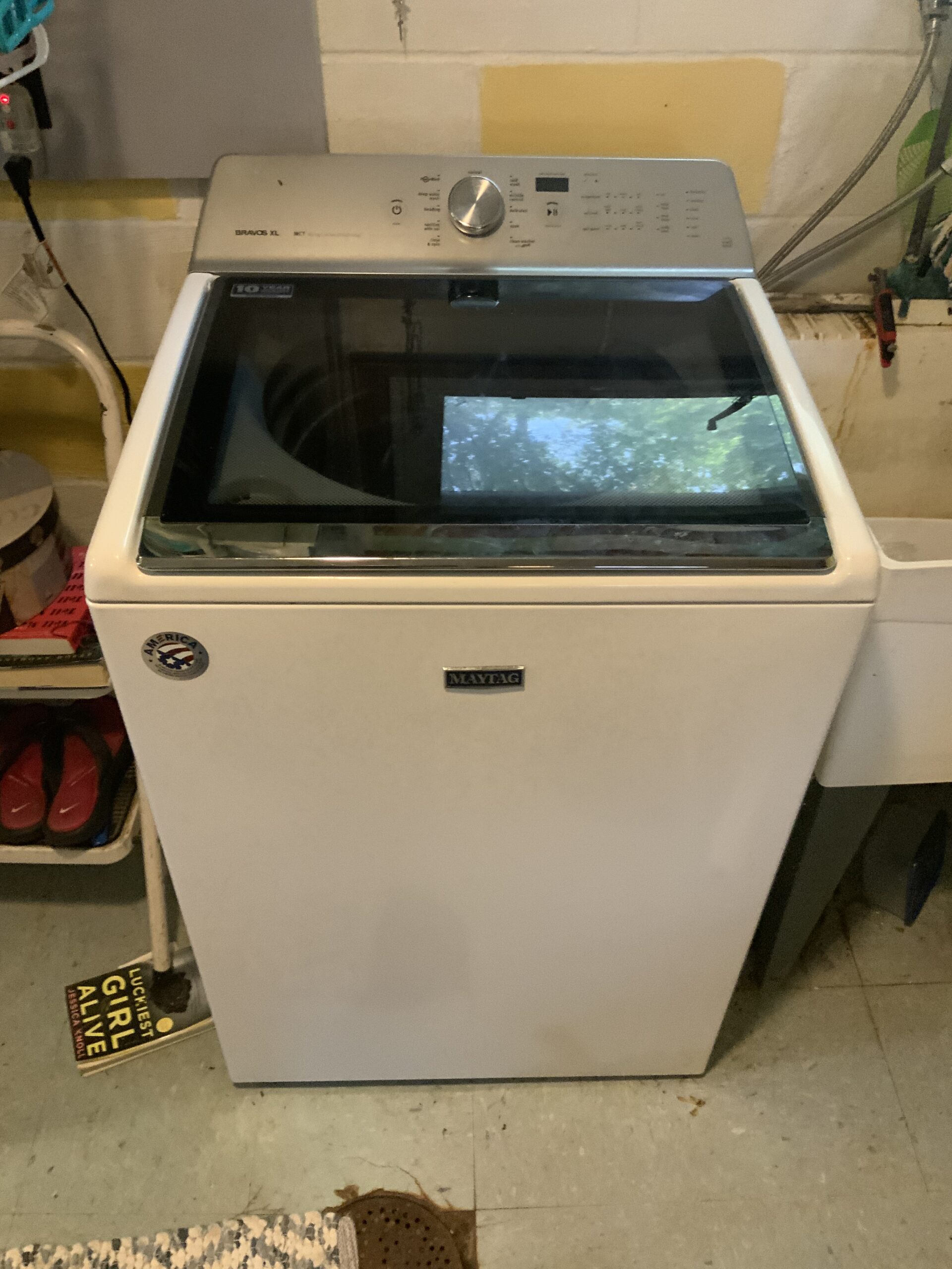 Close-up of Maytag MVWB835DW4 washer undergoing lid switch replacement in North Canton.