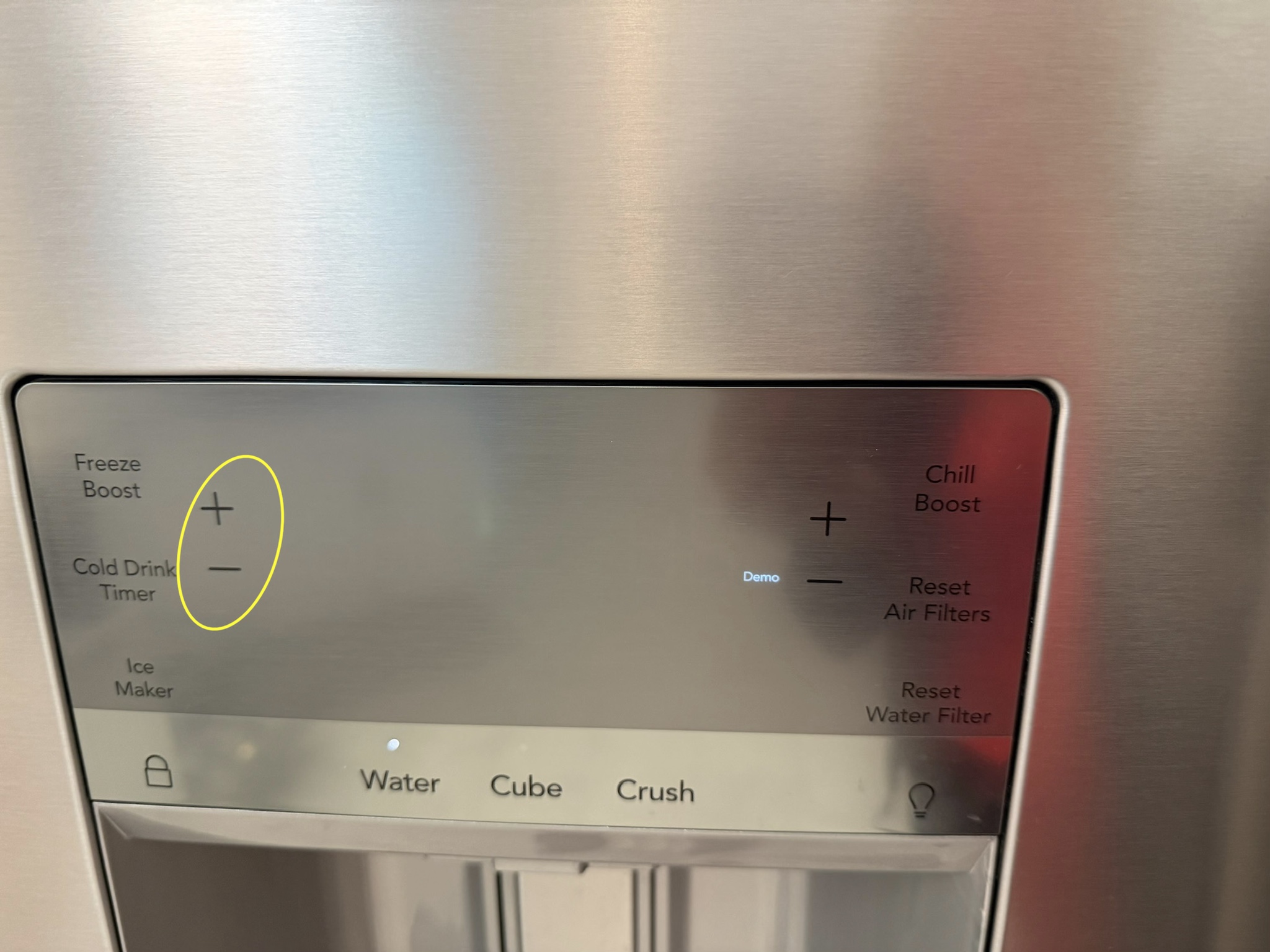 Frigidaire Gallery French door refrigerator with stuck Demo Mode.